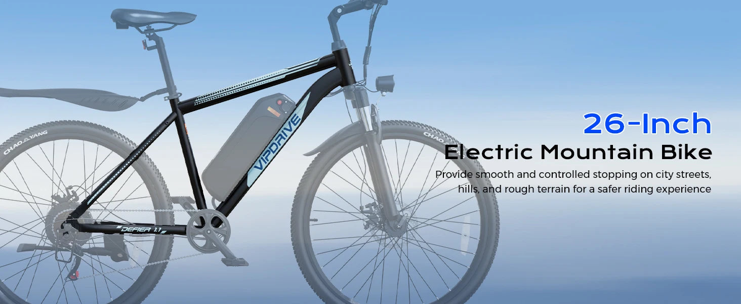 VIPDRIVE Defier 1.1 Adult Electric Bike, 750W Peak Motor, Electric Road Bicycle, 48V 7.8Ah Fatbike, 26", 20MPH Mountain Ebike