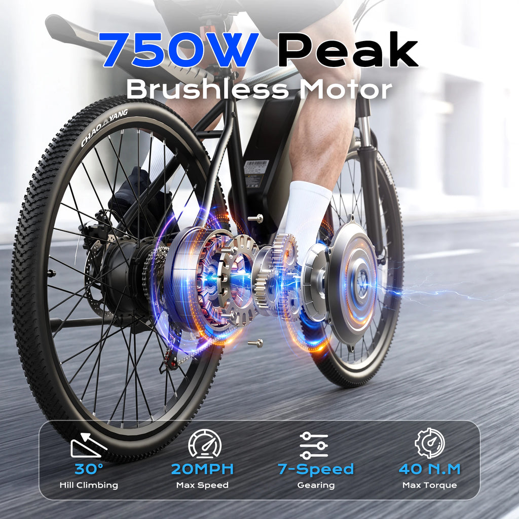 VIPDRIVE Defier 1.1 Adult Electric Bike, 750W Peak Motor, Electric Road Bicycle, 48V 7.8Ah Fatbike, 26", 20MPH Mountain Ebike
