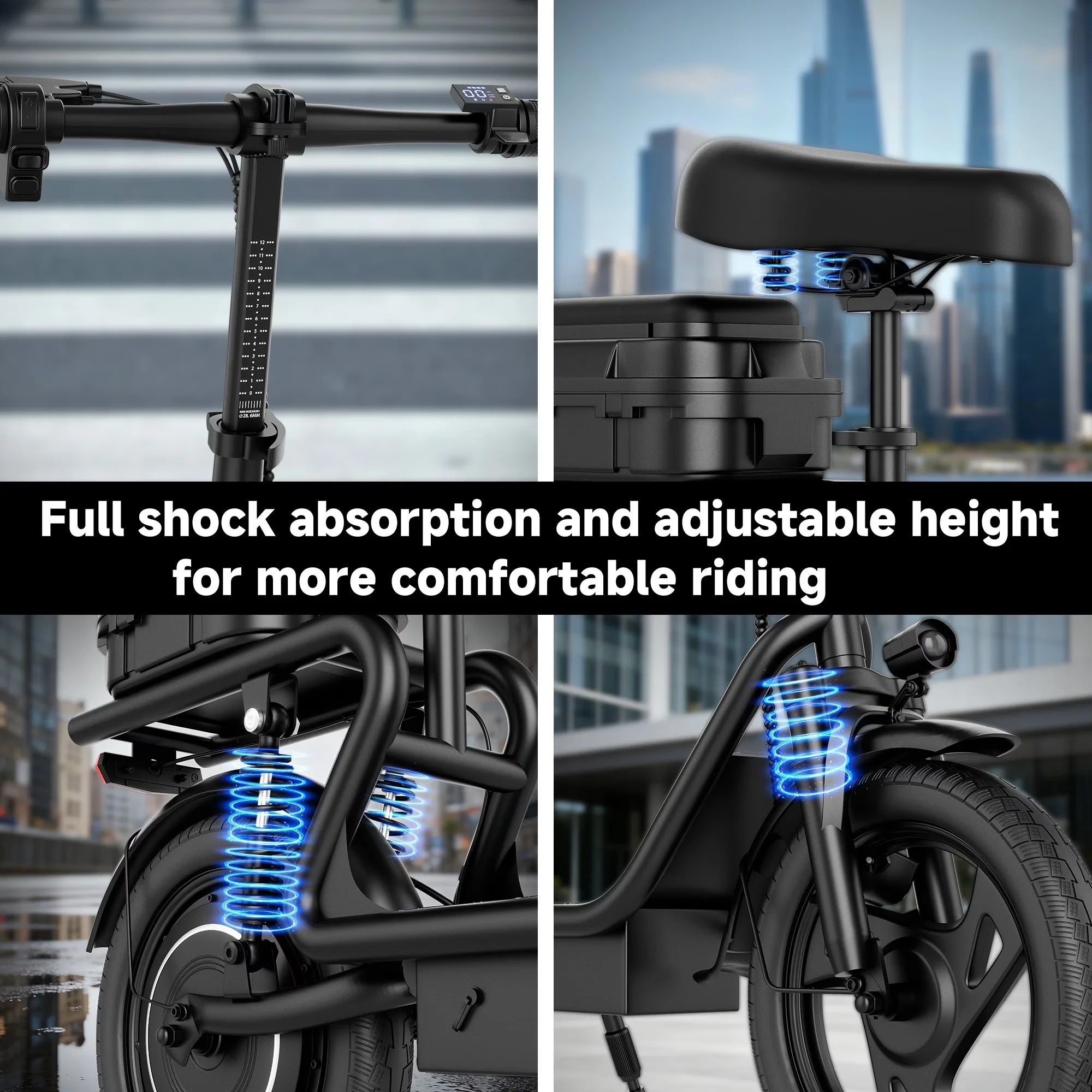 14'' Electric Scooter for Adults with Seat, 22MPH Top Speed, 48V 10.4Ah/22.5Ah Long-Range Battery, Up to 55 Miles, Dual Suspension, Foldable Design & Cargo Basket