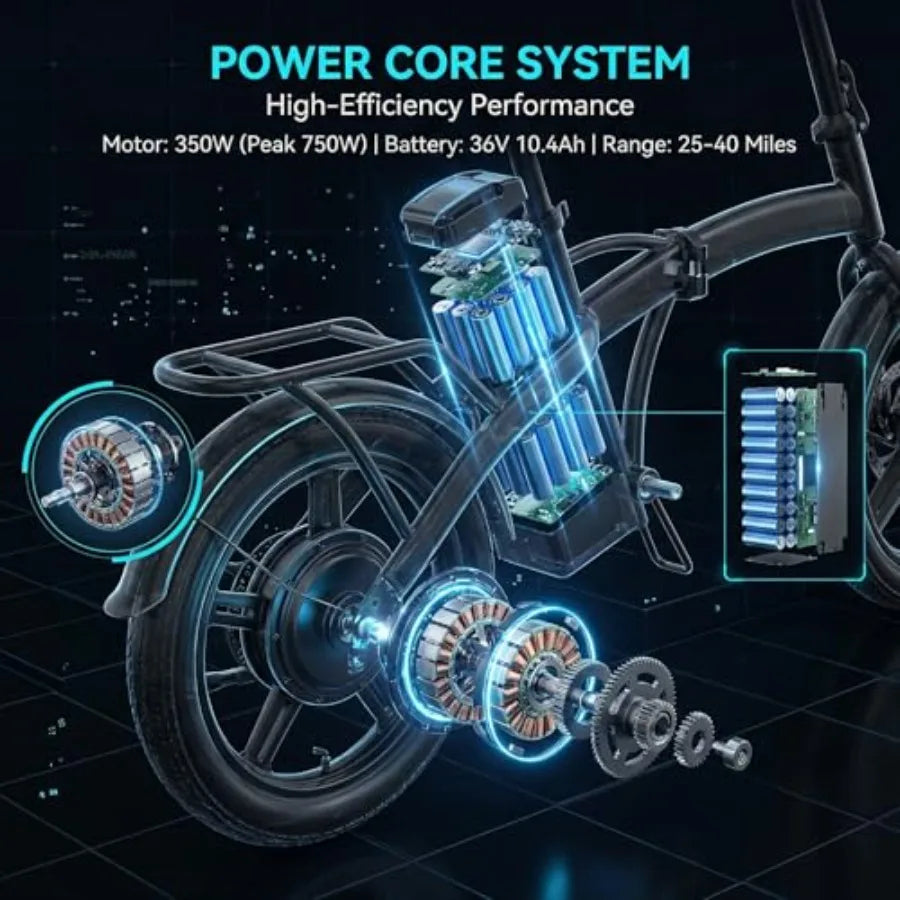 Folding Electric Bike for Adults: 750W Peak Motor, 20mph Speed, 36V 10.4Ah Battery, 20-40 Miles Range, 14'' Foldable Ebike for