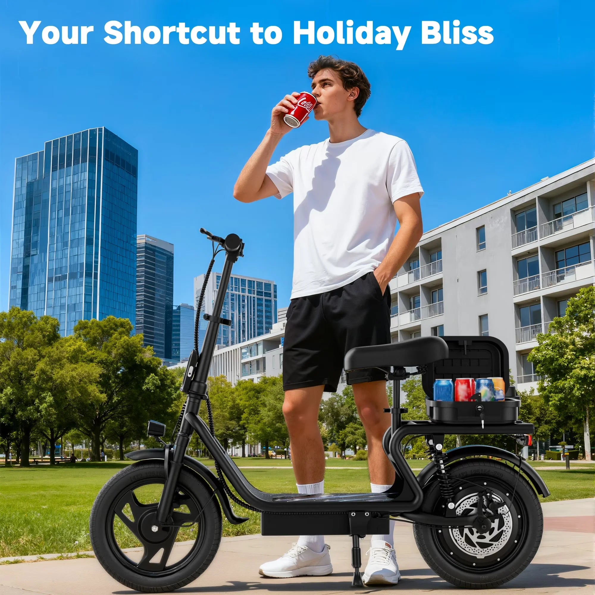14'' Electric Scooter for Adults with Seat, 22MPH Top Speed, 48V 10.4Ah/22.5Ah Long-Range Battery, Up to 55 Miles, Dual Suspension, Foldable Design & Cargo Basket
