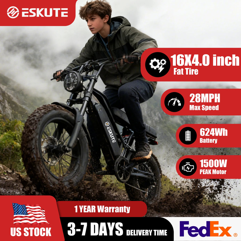 Eskute V100 Electric Bike, 1500W Peak 28MPH 48V13Ah Motorcycle, 16"x4" Fat Tire 7-Speed Dual Suspension E-Bike, 1 Year Warranty