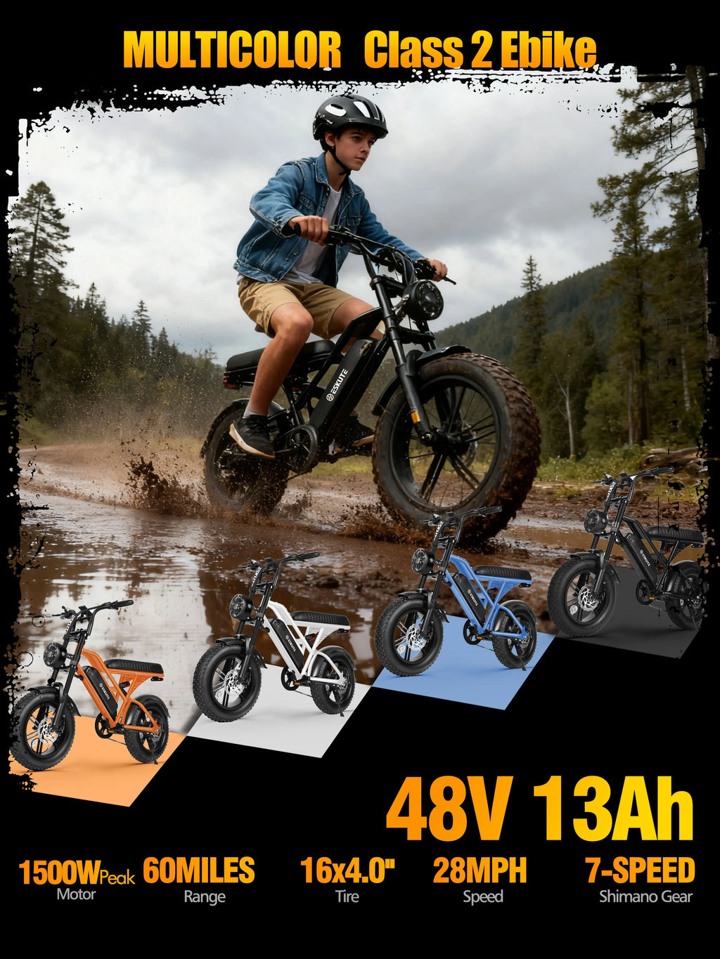 Eskute V100 Electric Bike, 1500W Peak 28MPH 48V13Ah Motorcycle, 16"x4" Fat Tire 7-Speed Dual Suspension E-Bike, 1 Year Warranty