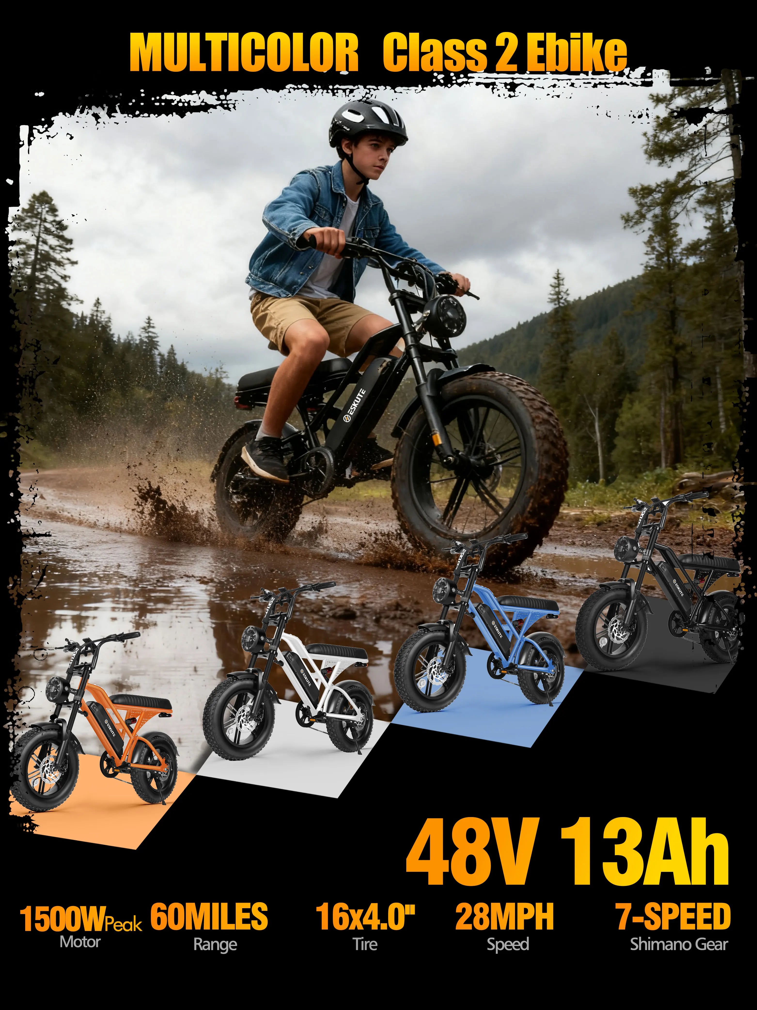 Eskute V100 Electric Bike, 1500W Peak 28MPH 48V13Ah Motorcycle, 16"x4" Fat Tire 7-Speed Dual Suspension E-Bike, 1 Year Warranty