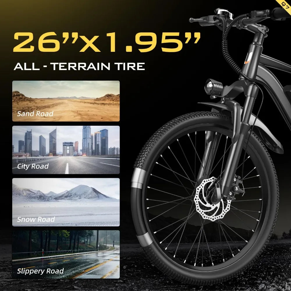 Q7 26" Electric Bike for Adults, 748W Peak Motor 22 MPH Mountain Ebike with 45 Miles Range & 36V 10AH Removable, Customized