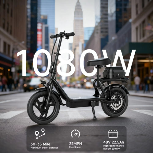 14'' Electric Scooter for Adults with Seat, 22MPH Top Speed, 48V 10.4Ah/22.5Ah Long-Range Battery, Up to 55 Miles, Dual Suspension, Foldable Design & Cargo Basket