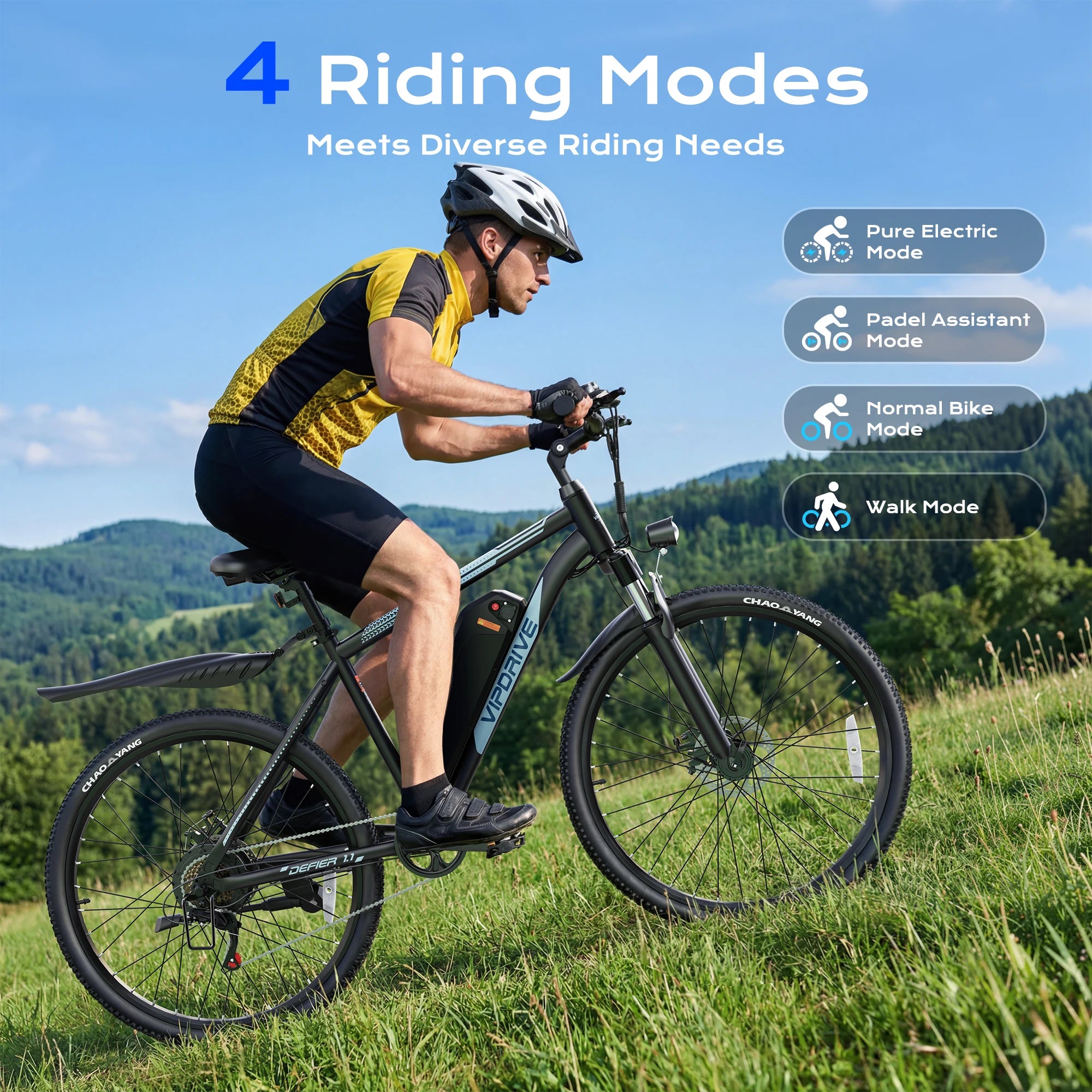 VIPDRIVE Defier 1.1 Adult Electric Bike, 750W Peak Motor, Electric Road Bicycle, 48V 7.8Ah Fatbike, 26", 20MPH Mountain Ebike