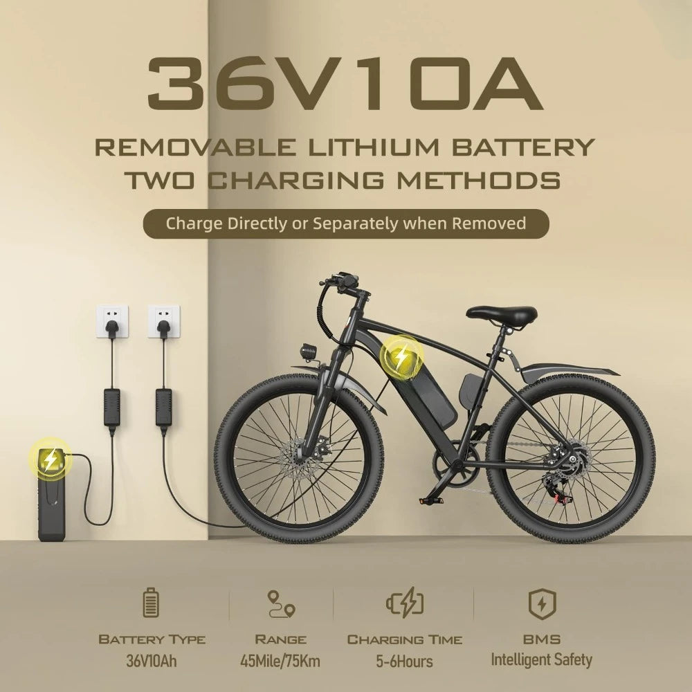 Q7 26" Electric Bike for Adults, 748W Peak Motor 22 MPH Mountain Ebike with 45 Miles Range & 36V 10AH Removable, Customized