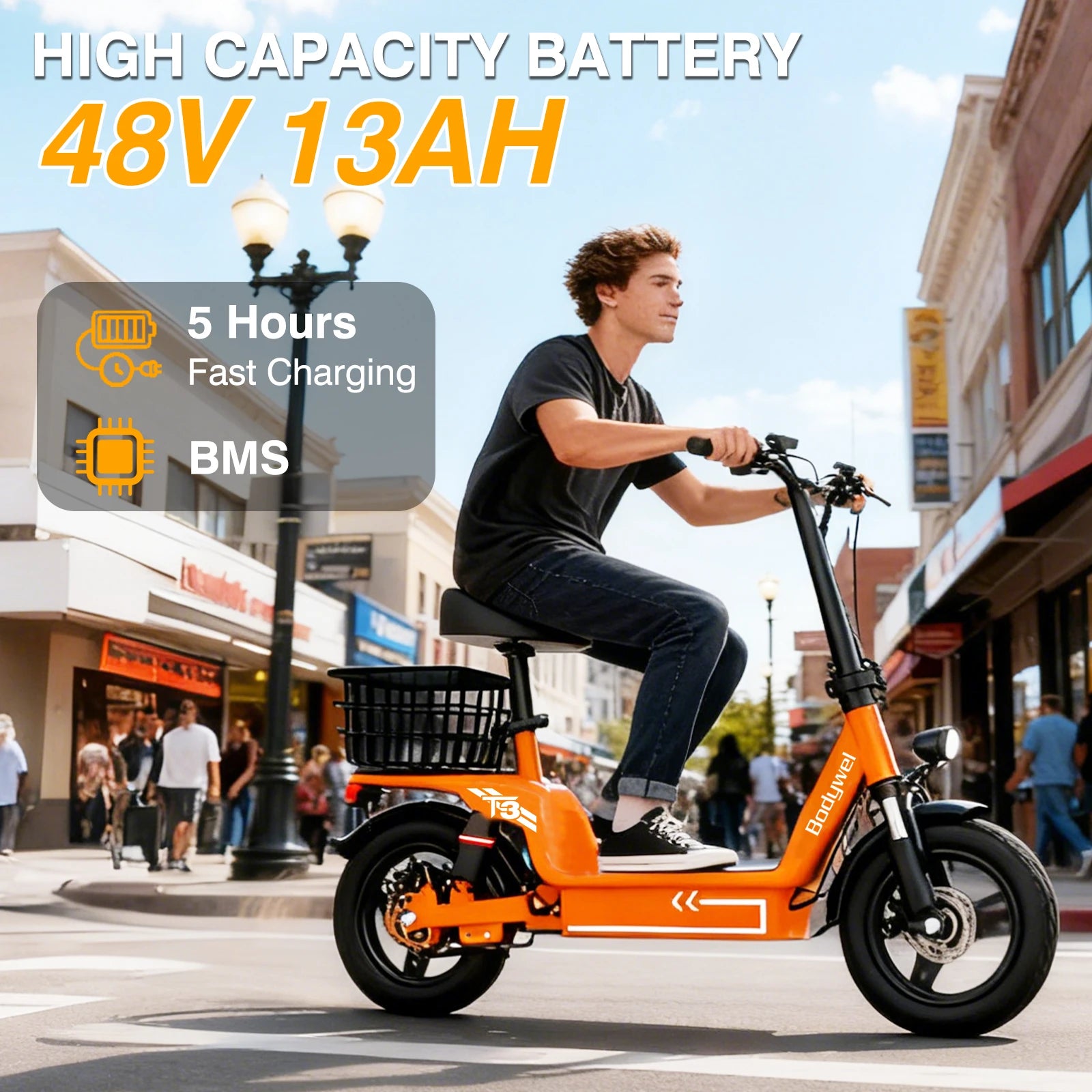 Bodywel T3 Folding Electric Scooter for Adults, 48V 13Ah Full Shock Foldable EScooter with Seat For Shopping and Commuting ebike