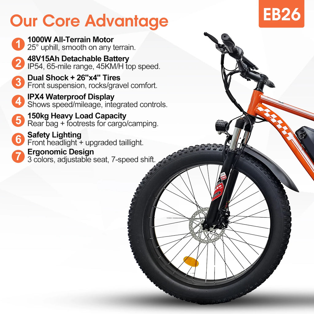 Orange Electric Bike for Adults 1000W Electric Bicycle 48V 15AH E Bike 26" Fat Tire Mountain 31mph Dual Shock Absorber Ebike