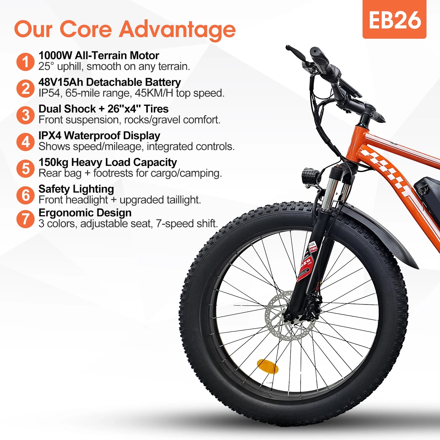 Orange Electric Bike for Adults 1000W Electric Bicycle 48V 15AH E Bike 26" Fat Tire Mountain 31mph Dual Shock Absorber Ebike