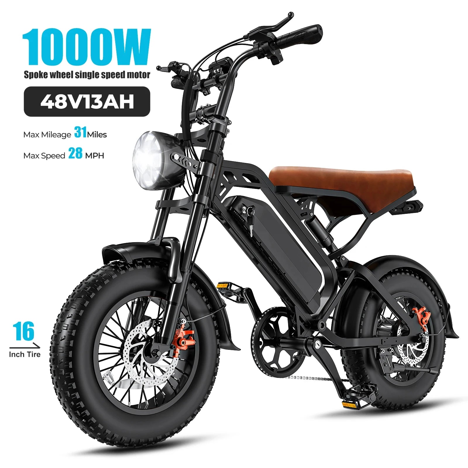 TREEOSOR 1 Year Warranty Adult Electric Bike 1000W Peak Motor Maximum Speed of 28 MPH, Electric Mountain Bike,E bike UL 2849