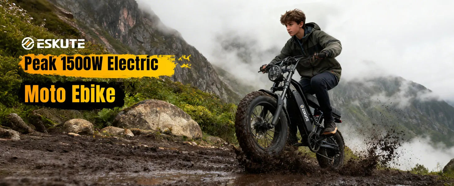 Eskute V100 Electric Bike, 1500W Peak 28MPH 48V13Ah Motorcycle, 16"x4" Fat Tire 7-Speed Dual Suspension E-Bike, 1 Year Warranty