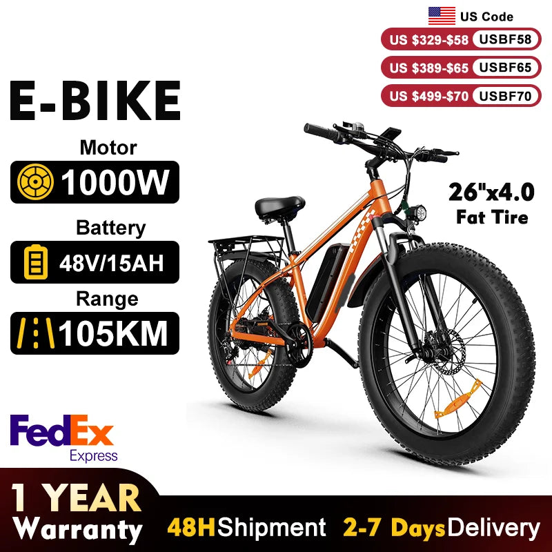 Orange Electric Bike for Adults 1000W Electric Bicycle 48V 15AH E Bike 26" Fat Tire Mountain 31mph Dual Shock Absorber Ebike