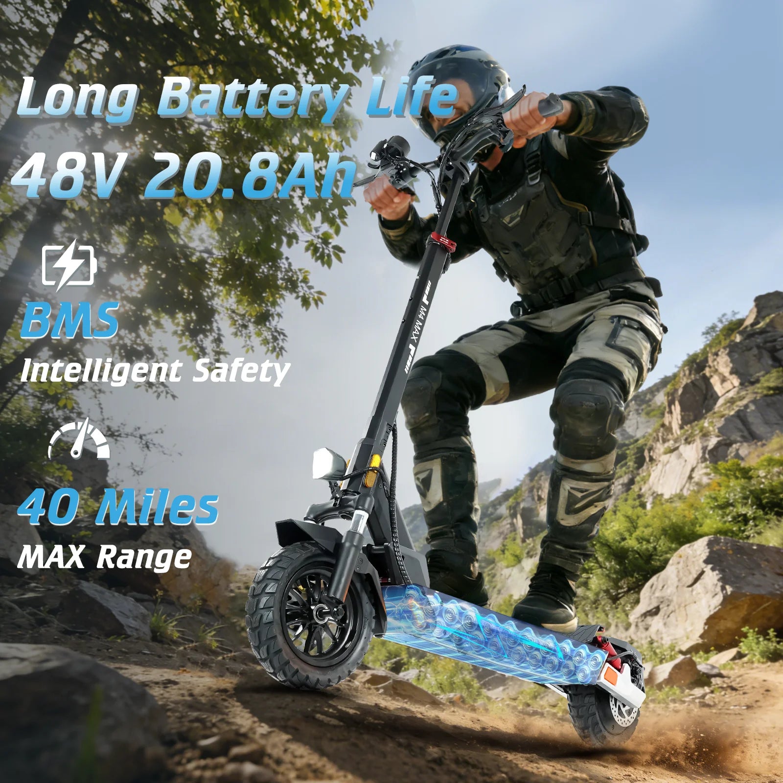 Electric Scooter for Adults, 2000W Motor, 48V 20.8Ah Battery, 40 Miles Range, Dual Disc Brakes, 10" Tires, Foldable
