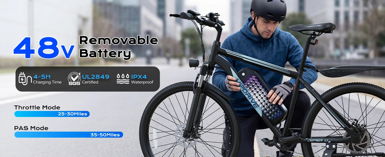 VIPDRIVE Defier 1.1 Adult Electric Bike, 750W Peak Motor, Electric Road Bicycle, 48V 7.8Ah Fatbike, 26", 20MPH Mountain Ebike