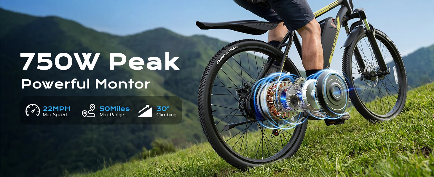 VIPDRIVE Defier 1.1 Adult Electric Bike, 750W Peak Motor, Electric Road Bicycle, 48V 7.8Ah Fatbike, 26", 20MPH Mountain Ebike